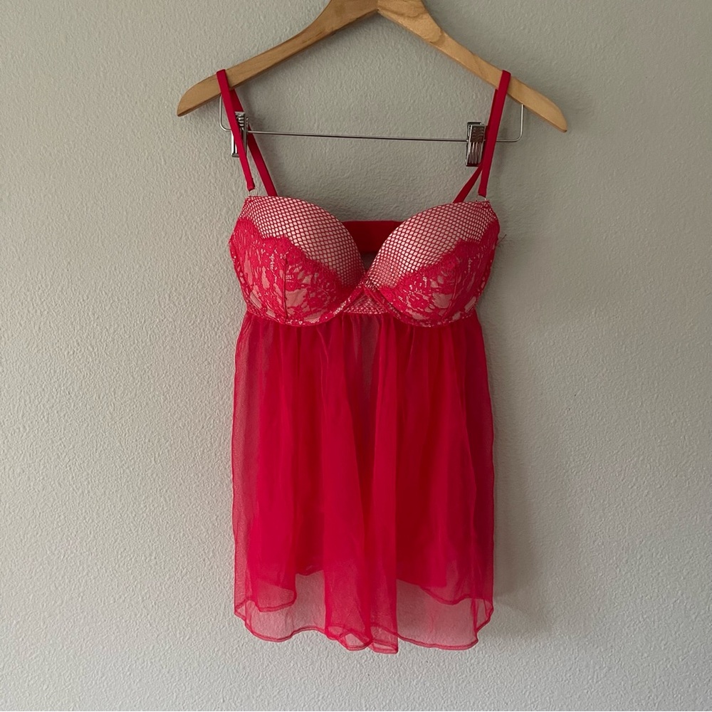 Victorias Secret Red Babydoll Chemise Pushup Mesh Slip Size 36D